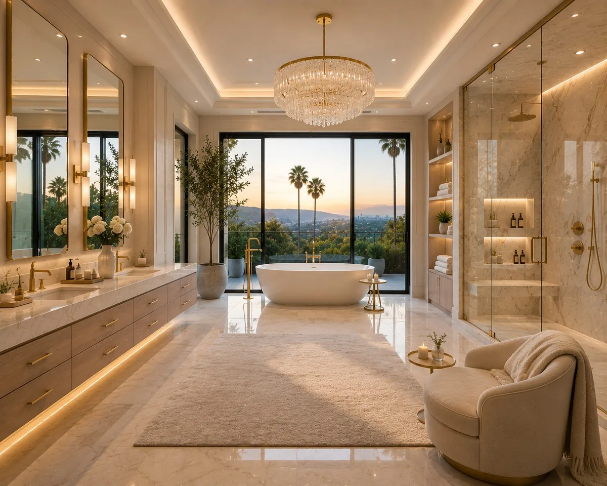 Lake Elsinore bathroom remodeling inspiration with freestanding tub, glass shower, and scenic view