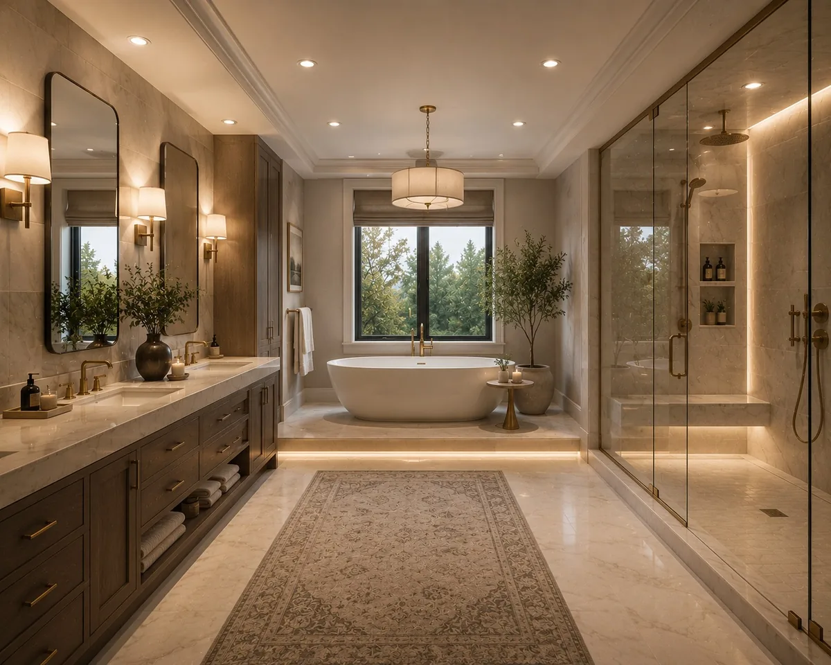 Menifee bathroom renovation inspiration with freestanding tub, double vanity, and glass shower