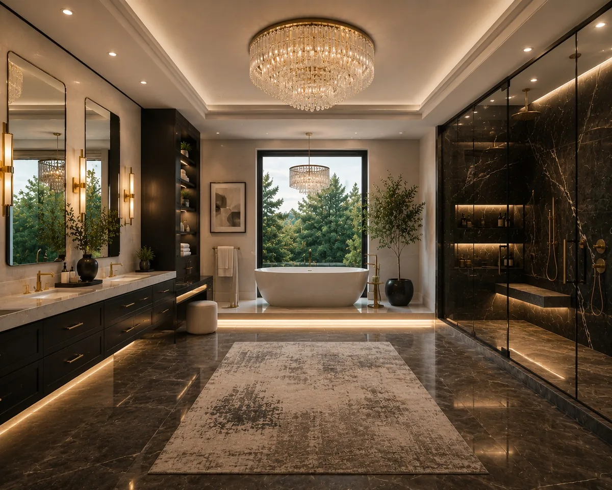 Wildomar bathroom remodeling inspiration with dark marble style, freestanding tub, and luxury lighting